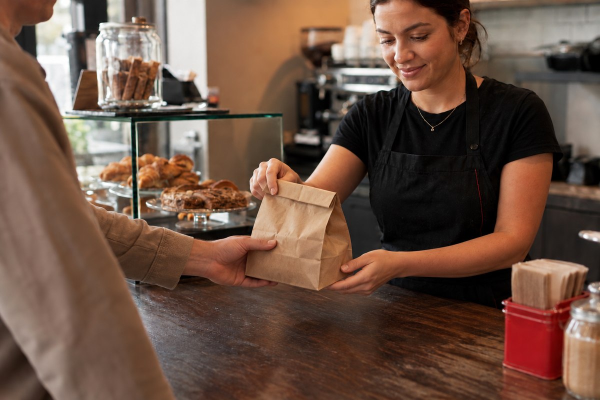 Shop owner handing a bakery bag across the counter