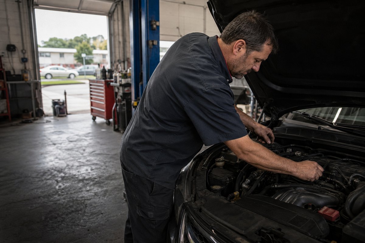 Mechanic working under the hood in his shop